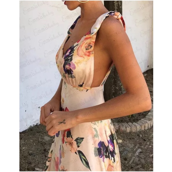 Floral Print Shoulder Tie backless Bridal Wedding Summer Maxi Dress - Picture 7 of 11